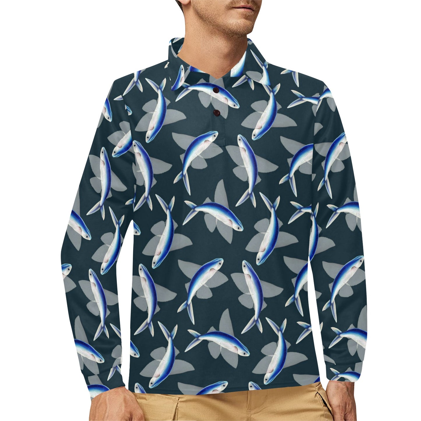 Flying Fish Pattern Print Design 04 Long Sleeve Polo Shirt For Men's