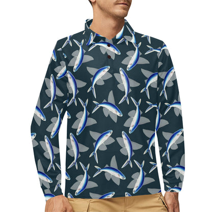 Flying Fish Pattern Print Design 04 Long Sleeve Polo Shirt For Men's
