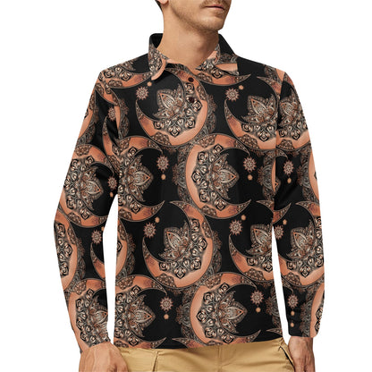 Sun Moon Mandala Long Sleeve Polo Shirt For Men's