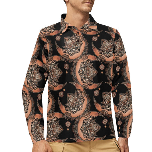 Sun Moon Mandala Long Sleeve Polo Shirt For Men's