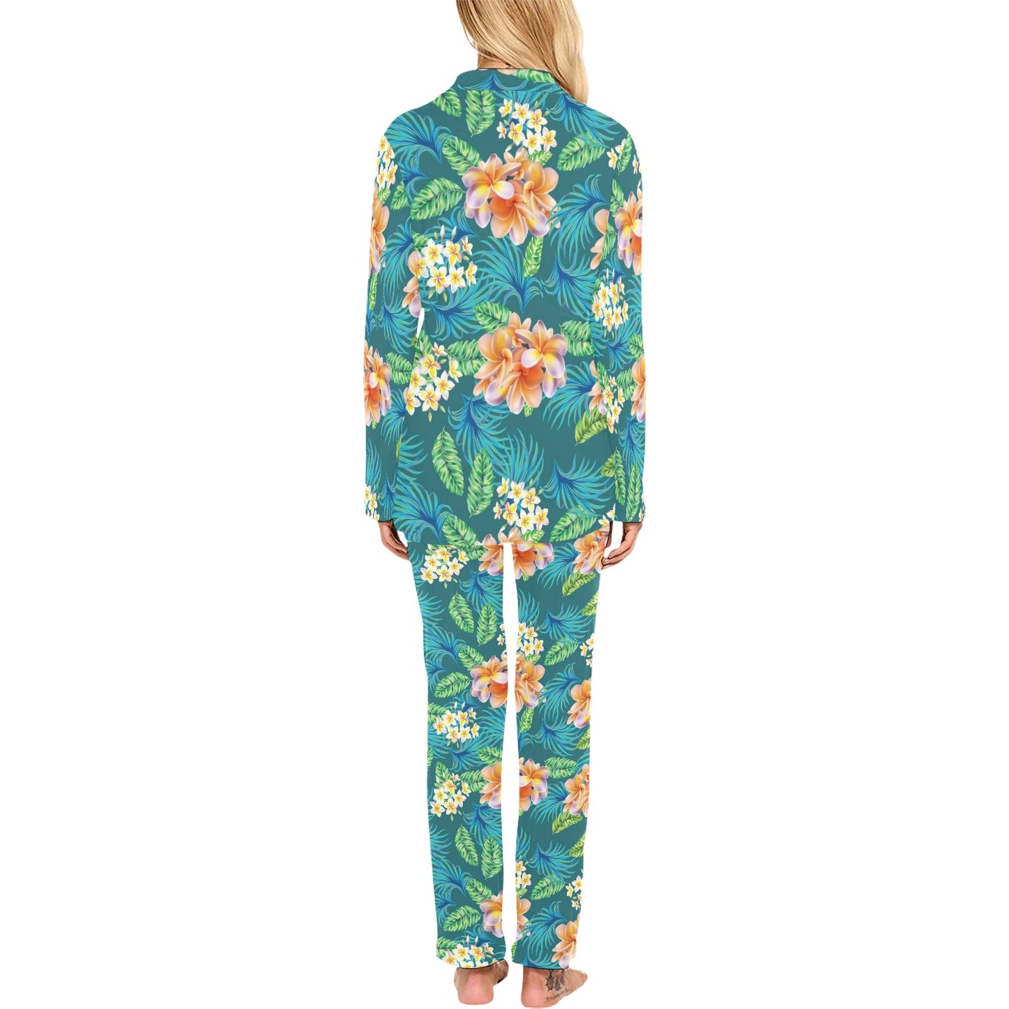Plumeria Tropical Flower Design Print Women's Long Pajama Set