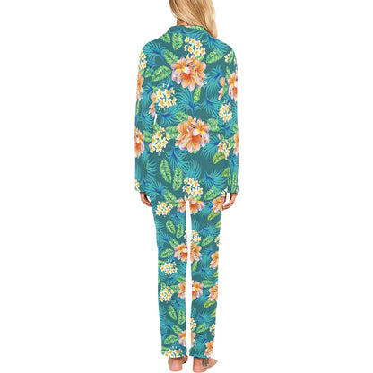 Plumeria Tropical Flower Design Print Women's Long Pajama Set