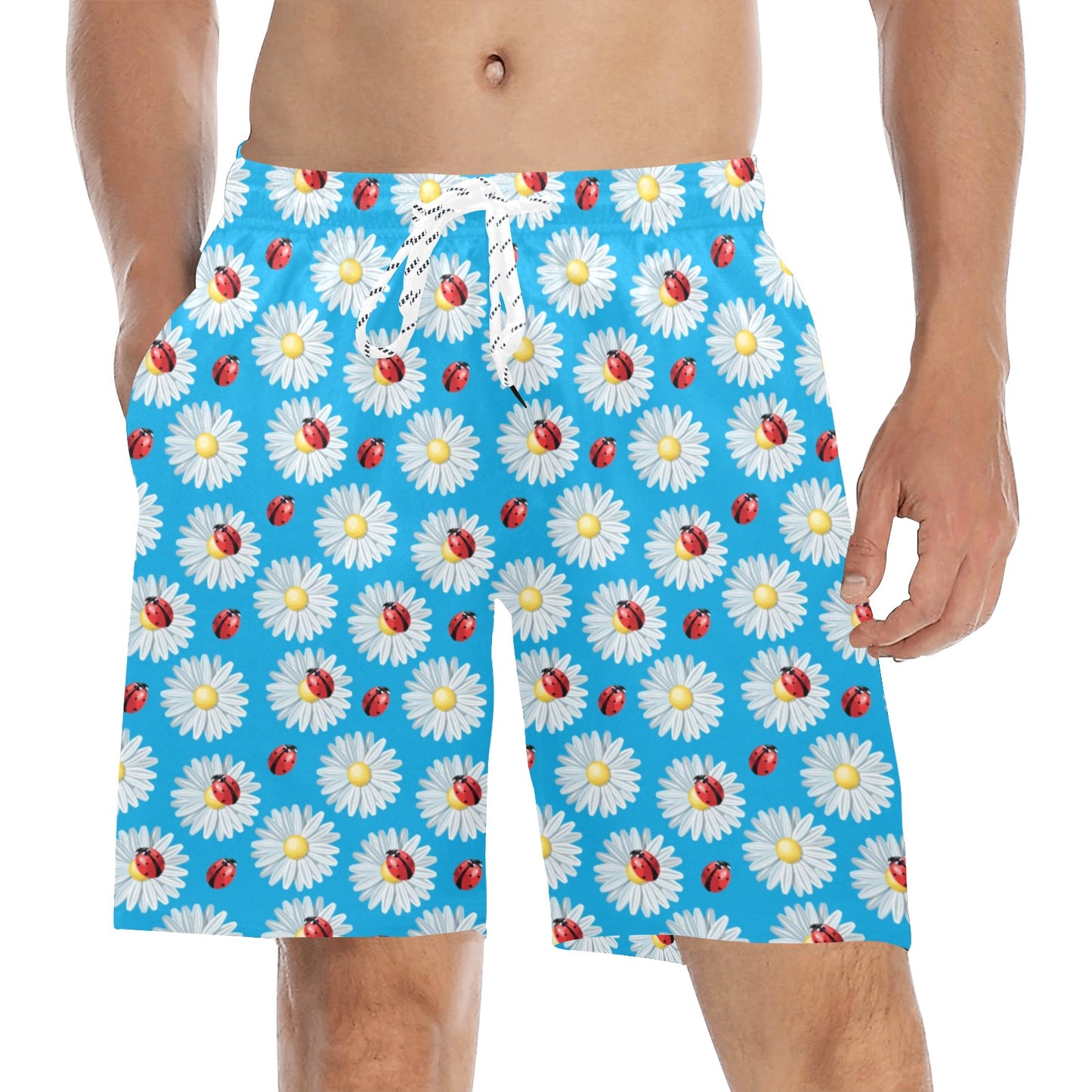 Ladybug with Daisy Themed Print Pattern Men's Swim Trunks Beach Shorts