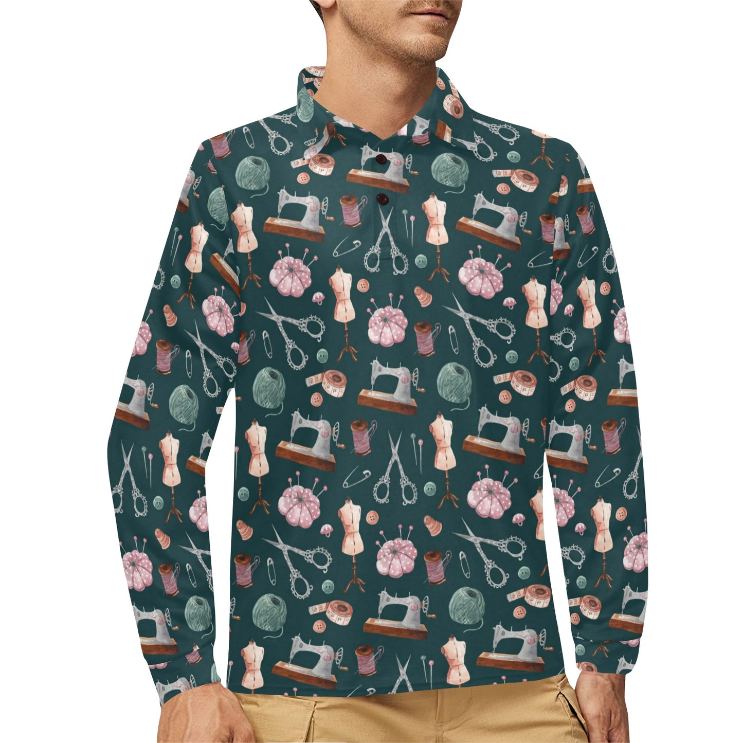 Sewing Equipment Print Design LKS307 Long Sleeve Polo Shirt For Men's