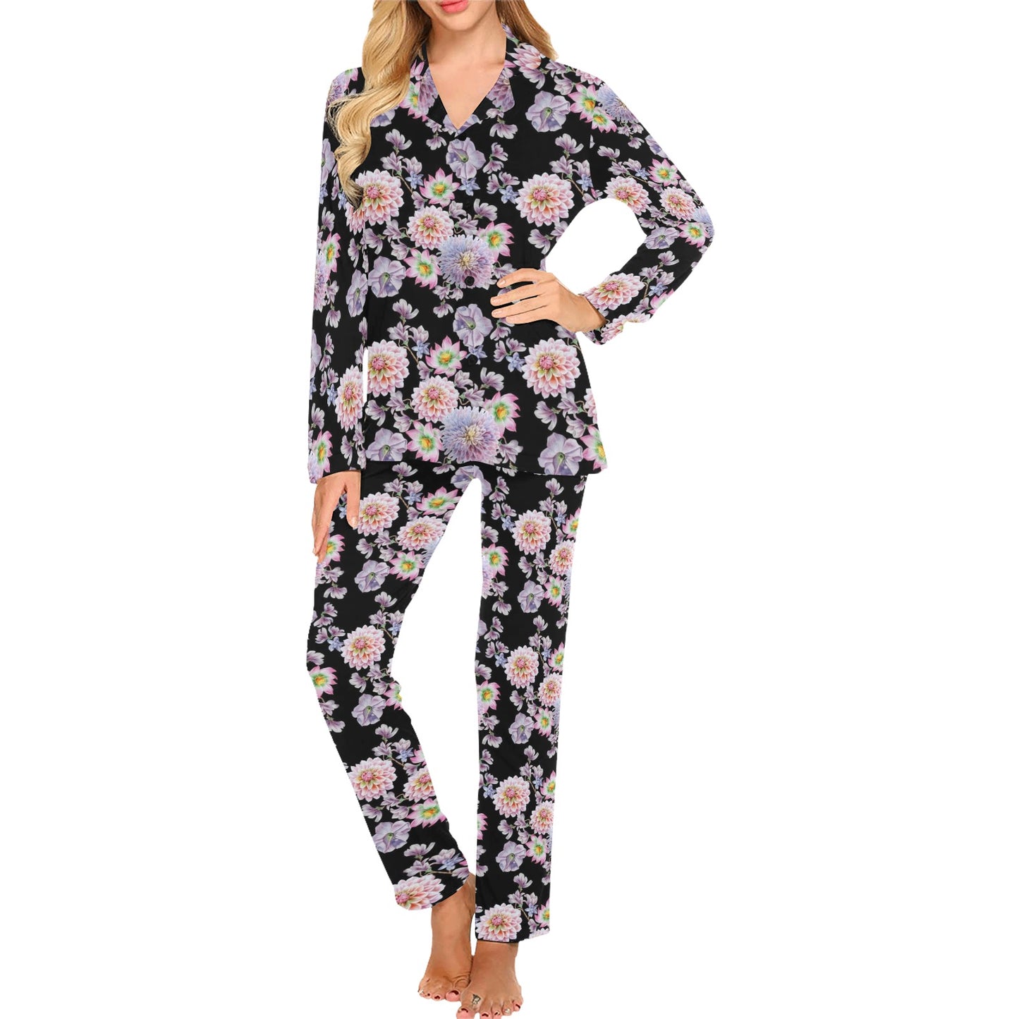 Dahlia Pattern Print Design DH012 Women's Long Pajama Set
