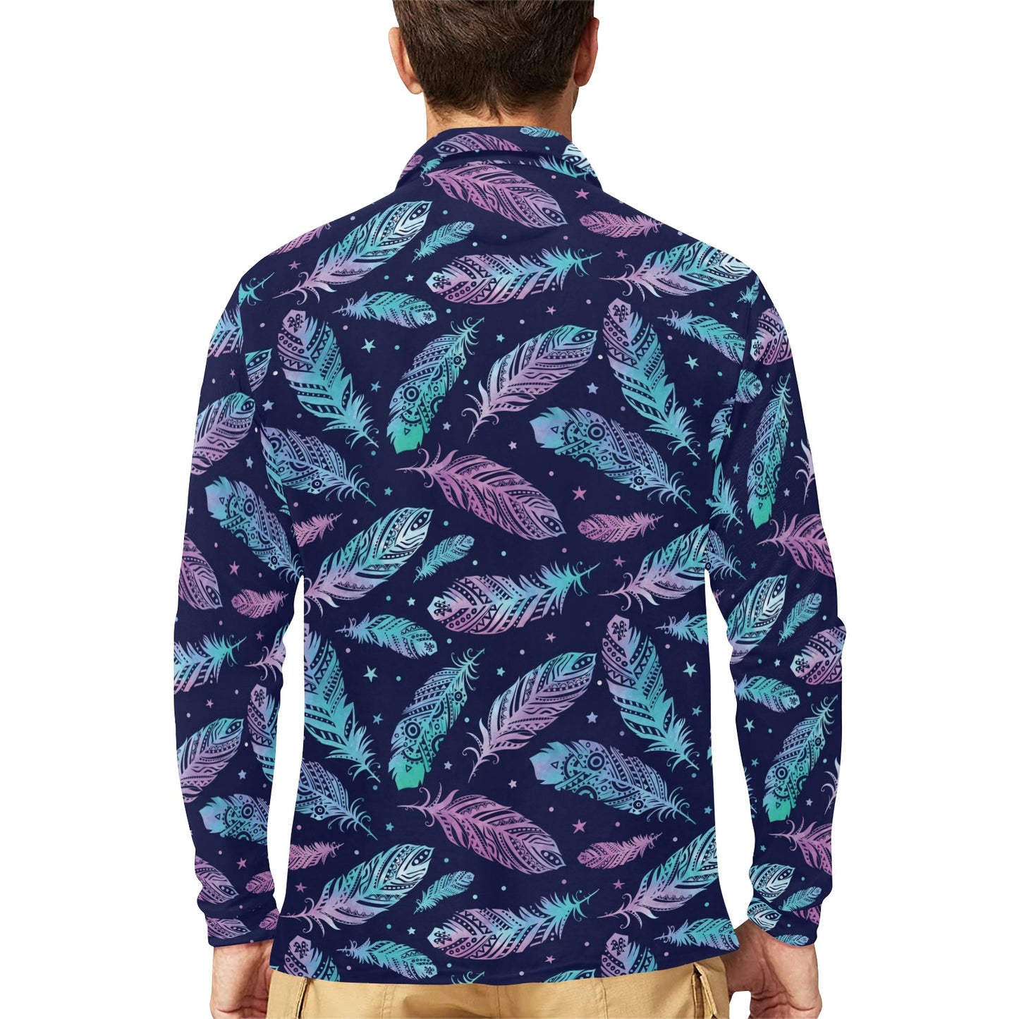 Feather Aztec Design Print Long Sleeve Polo Shirt For Men's