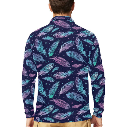 Feather Aztec Design Print Long Sleeve Polo Shirt For Men's