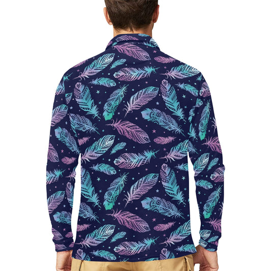 Feather Aztec Design Print Long Sleeve Polo Shirt For Men's