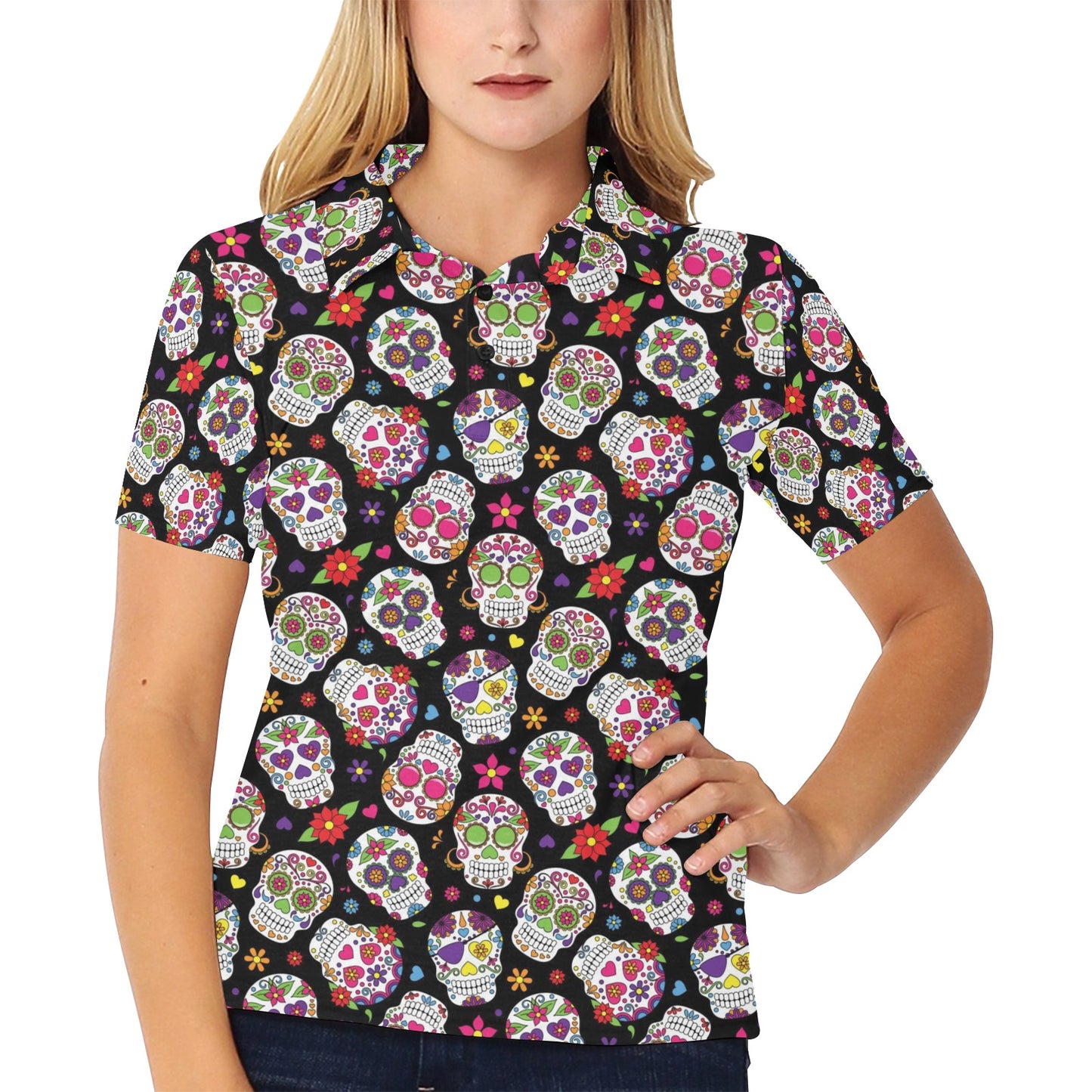 Sugar Skull Print Design LKS302 Women's Polo Shirt
