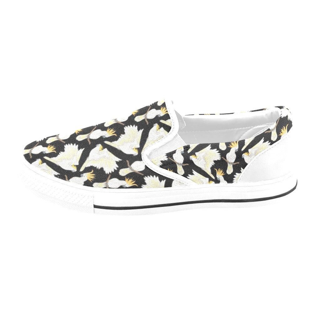 Cockatoo Print Design LKS402 White Slip Ons Canvas Women's Shoes
