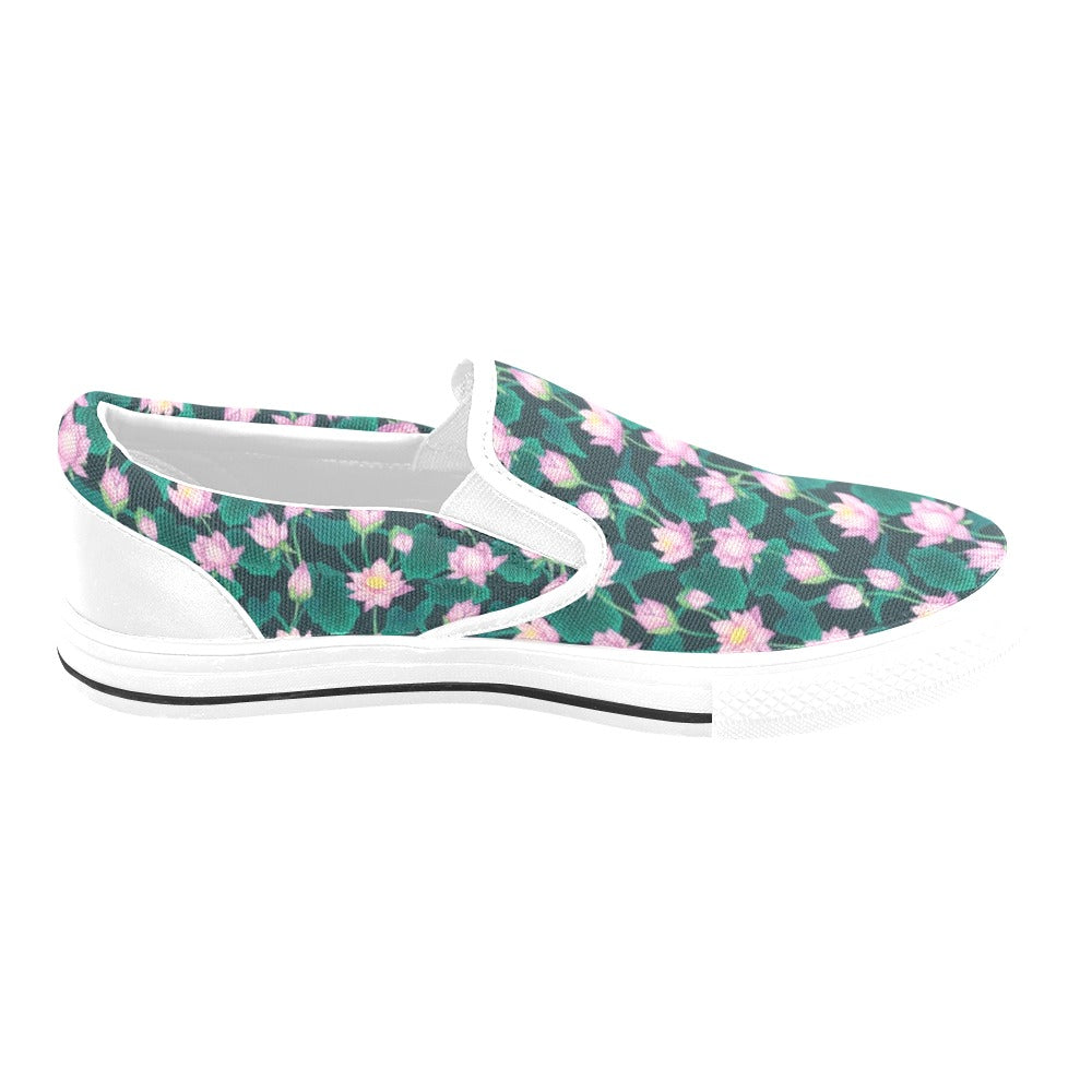 Water Lily Print Design LKS302 White Slip Ons Canvas Women's Shoes