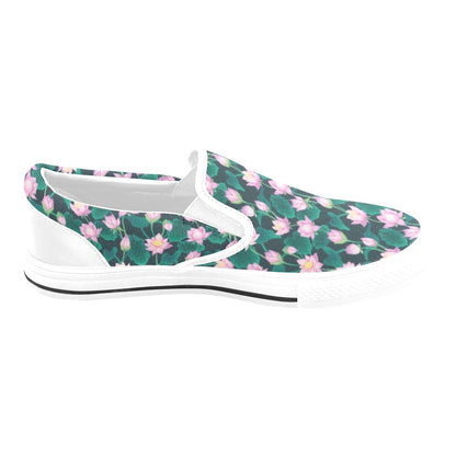 Water Lily Print Design LKS302 White Slip Ons Canvas Women's Shoes