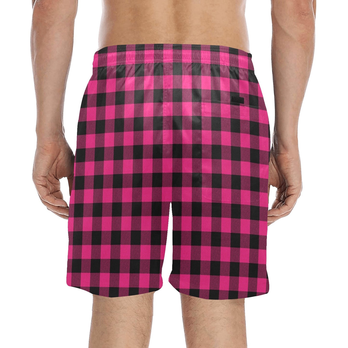 Pink Tartan Plaid Pattern Men's Swim Trunks Beach Shorts