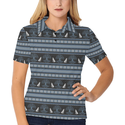Wolf Tree of Life Knit Design Print Women's Polo Shirt