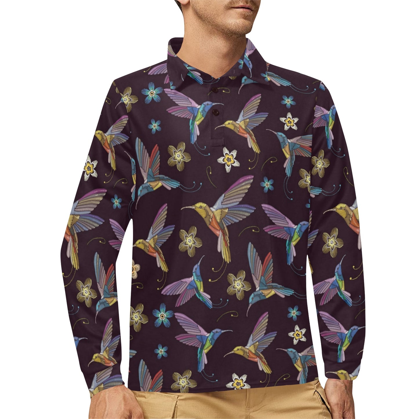Hummingbird Pattern Print Design 04 Long Sleeve Polo Shirt For Men's