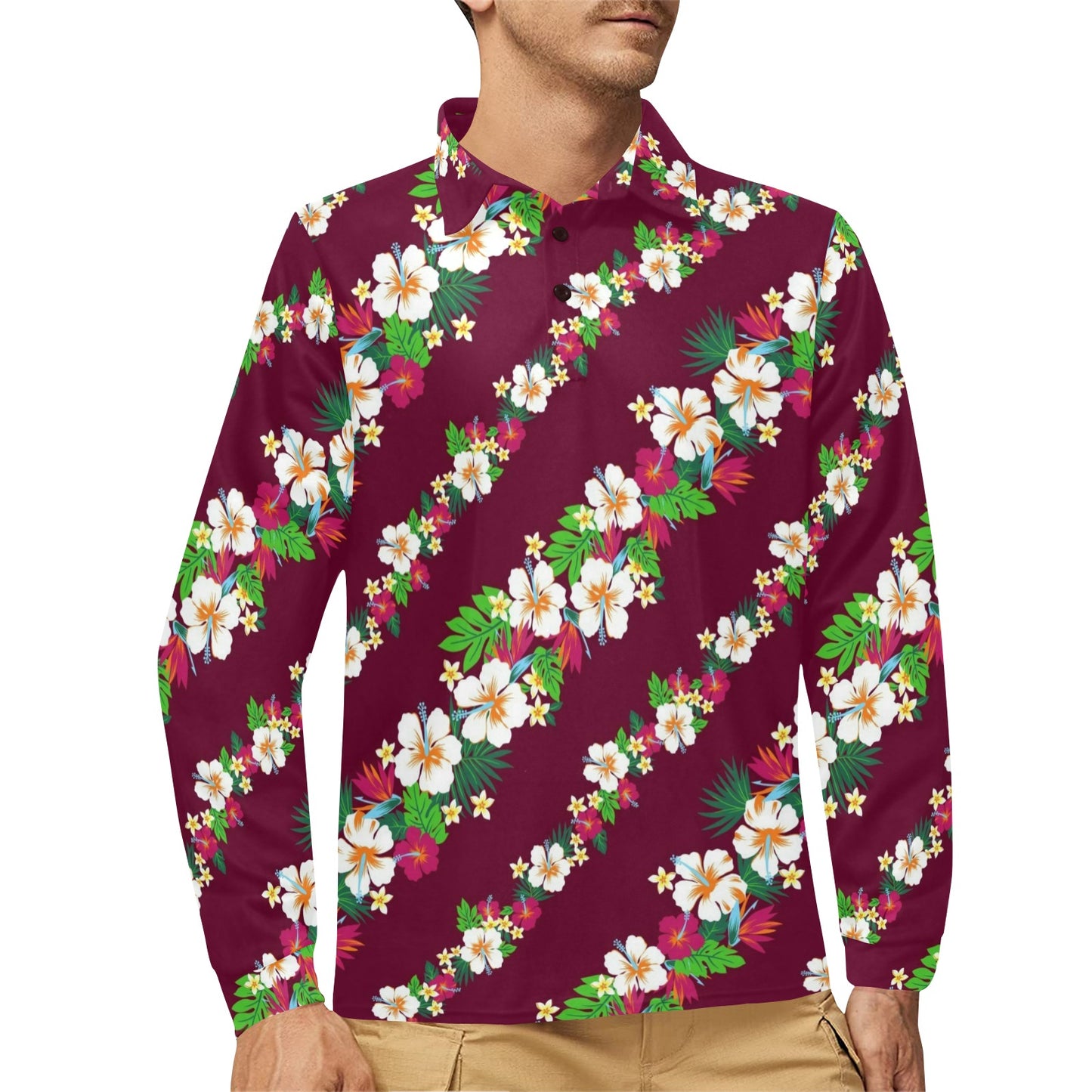 Hawaiian Themed Pattern Print Design H06 Long Sleeve Polo Shirt For Men's