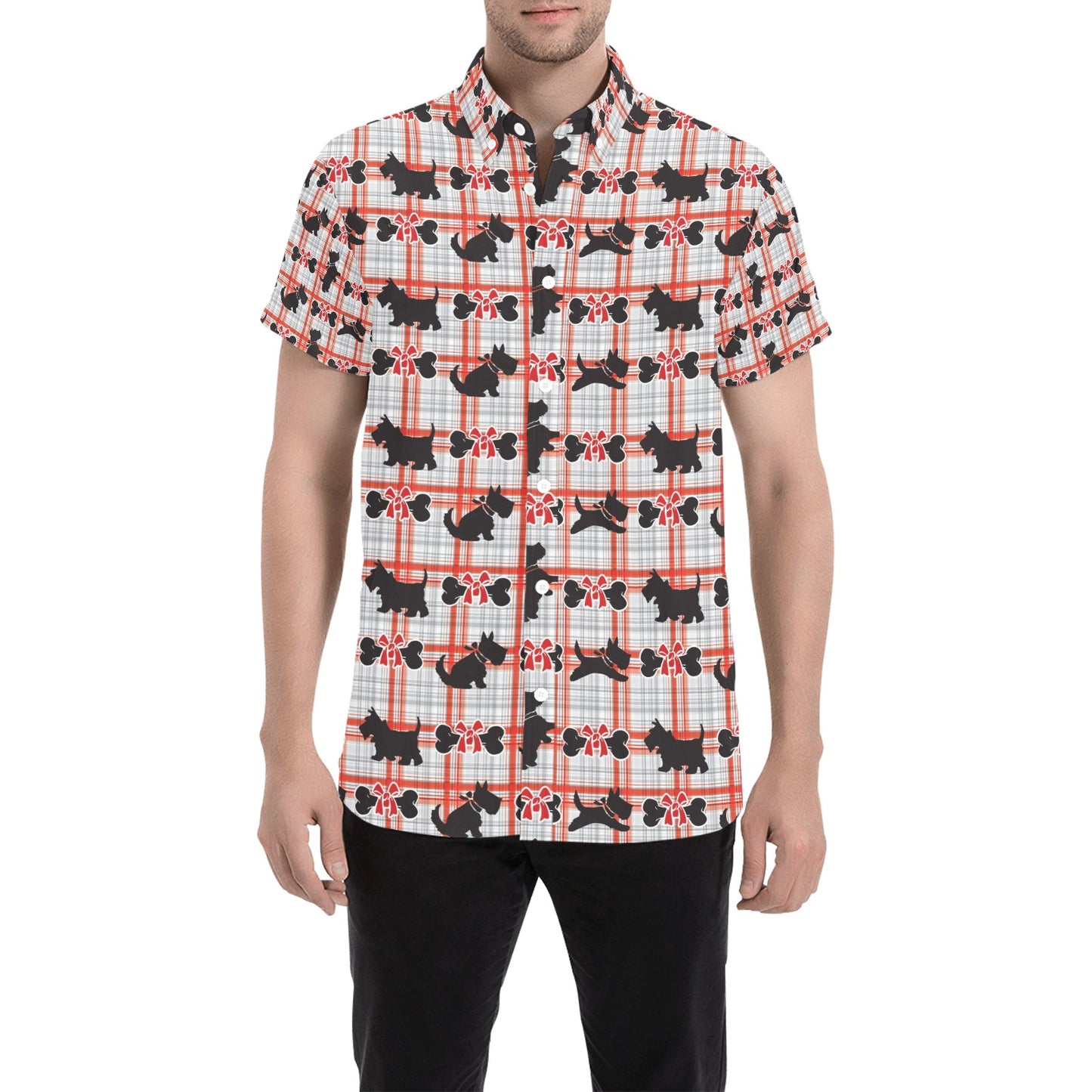 Scottish Terriers Print Design LKS3014 Men Short Sleeve Button Up Shirt