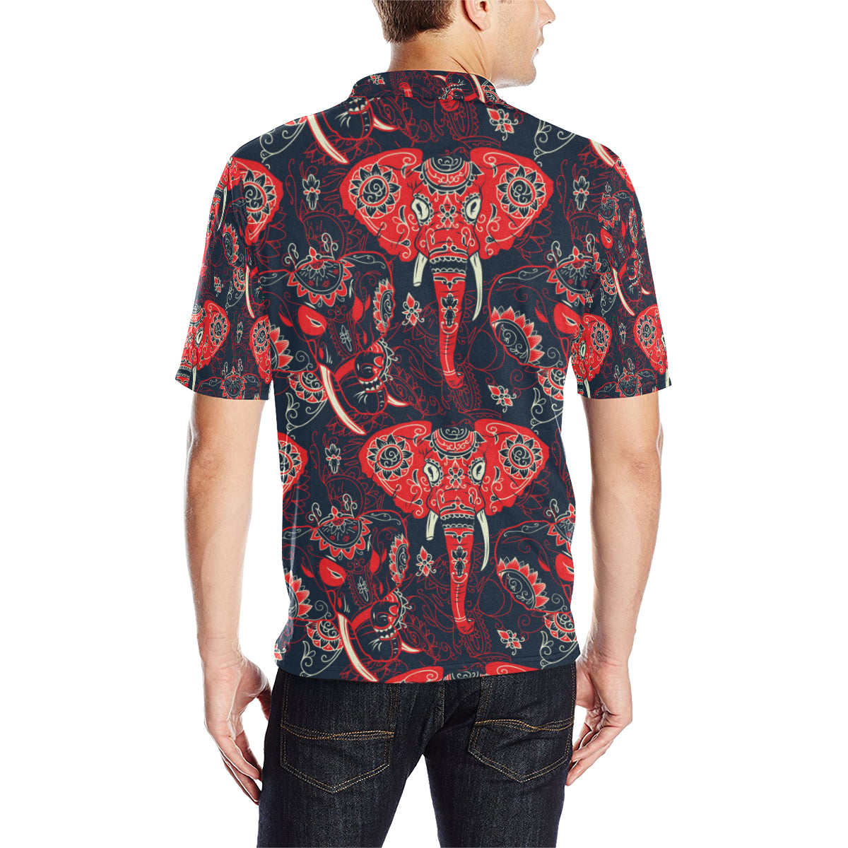 Red Indian Elephant Pattern Men Polo Shirt