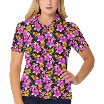 Tropical Folower Pink Hibiscus Print Women's Polo Shirt