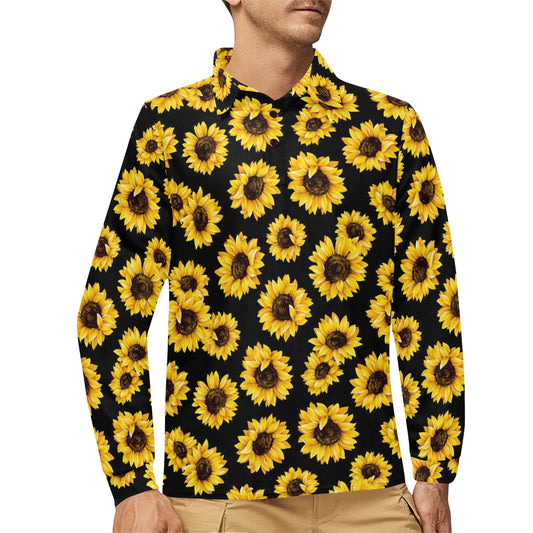 Sunflower Pattern Print Design SF05 Long Sleeve Polo Shirt For Men's