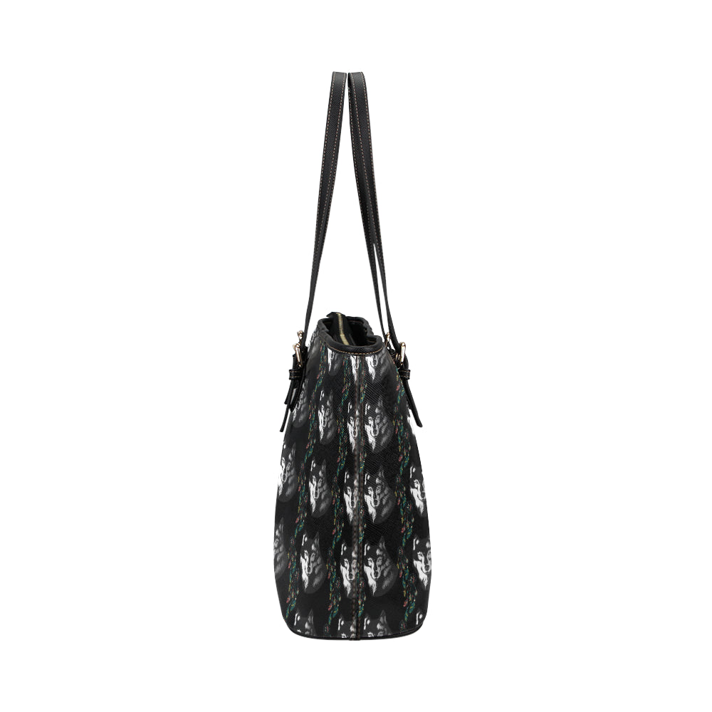 Wolf Black Dream Catcher Design Print Leather Tote Bag