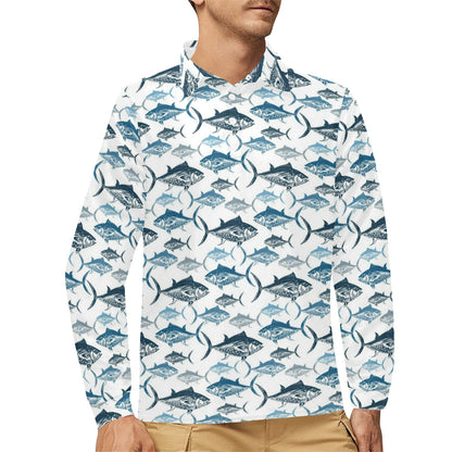 Tuna Fish Print Design LKS303 Long Sleeve Polo Shirt For Men's