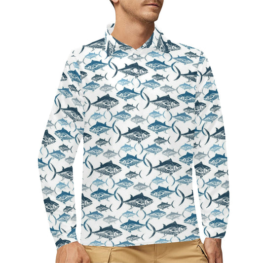 Tuna Fish Print Design LKS303 Long Sleeve Polo Shirt For Men's