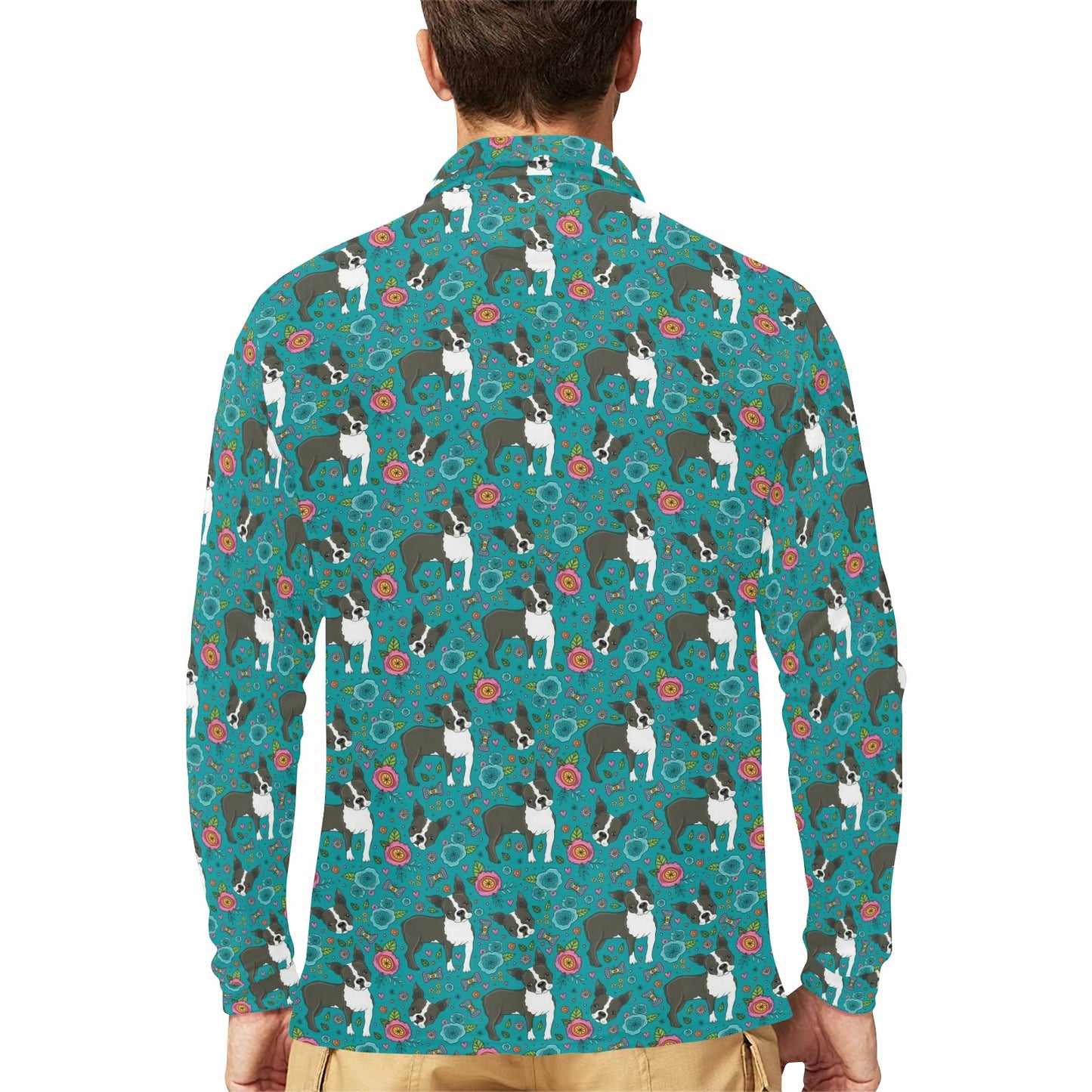 Boston Terrier Pattern Print Design 07 Long Sleeve Polo Shirt For Men's