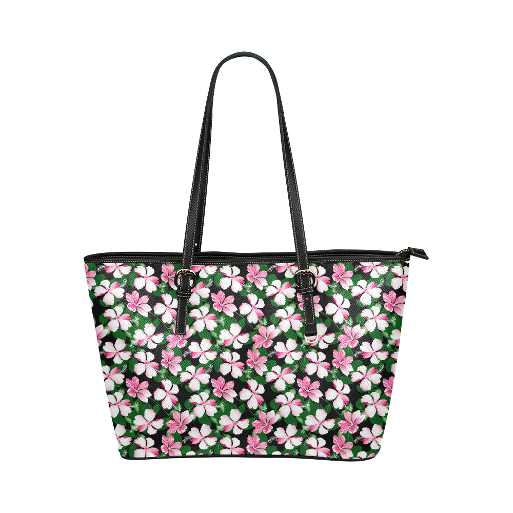 Hibiscus Pink Flower Hawaiian Print Leather Tote Bag