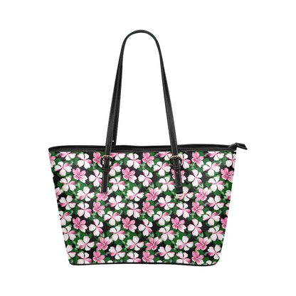 Hibiscus Pink Flower Hawaiian Print Leather Tote Bag