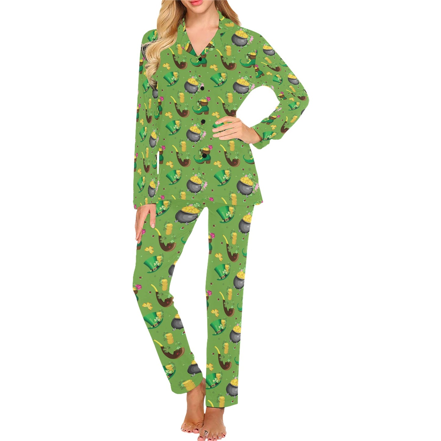 Shamrock Saint Patrick's Day Print Design LKS306 Women's Long Pajama Set