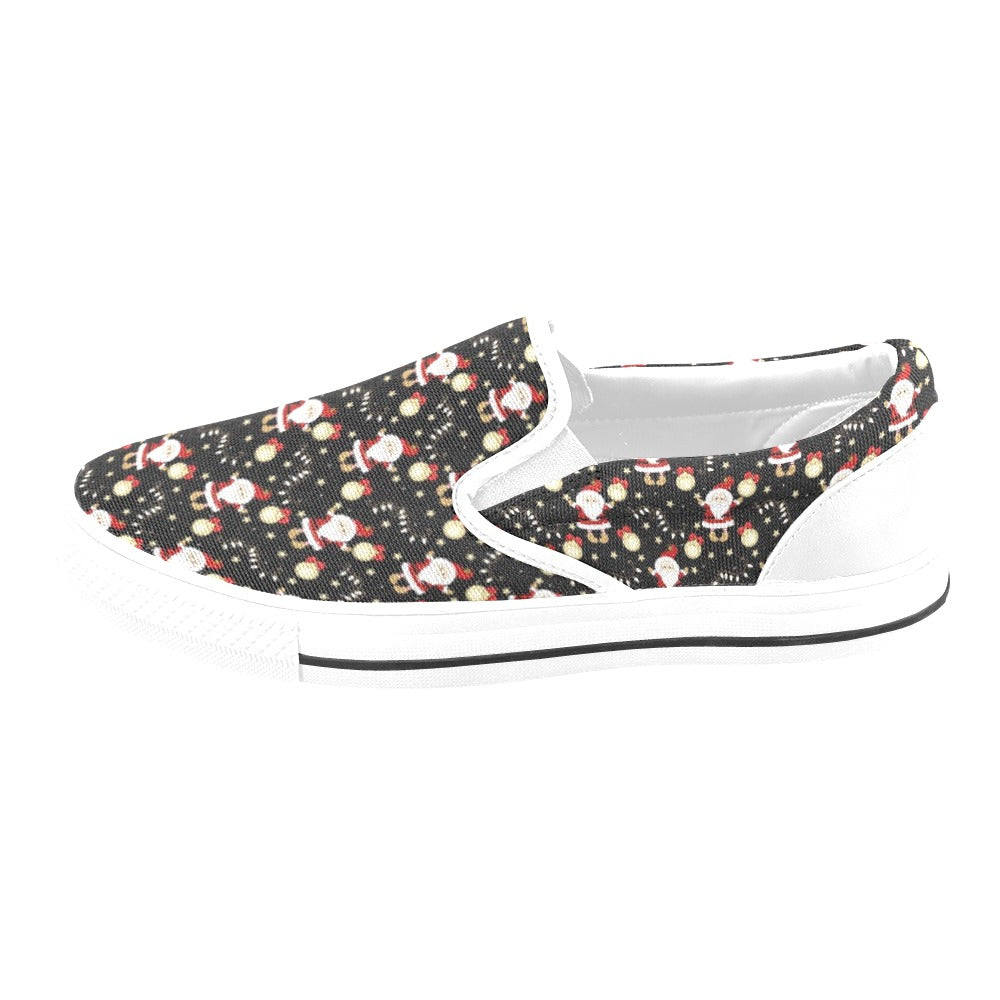 Santa Christmas Themed Print Design LKS307 White Slip Ons Canvas Women's Shoes