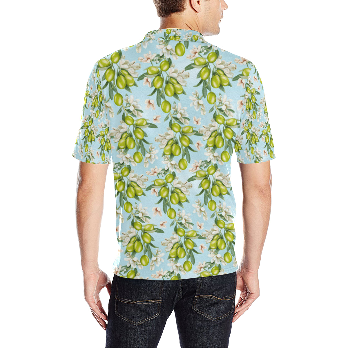 Elegant Olive Floral Print Men Polo Shirt