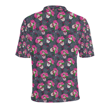Sugar Skull Pink Rose Themed Print Men Polo Shirt