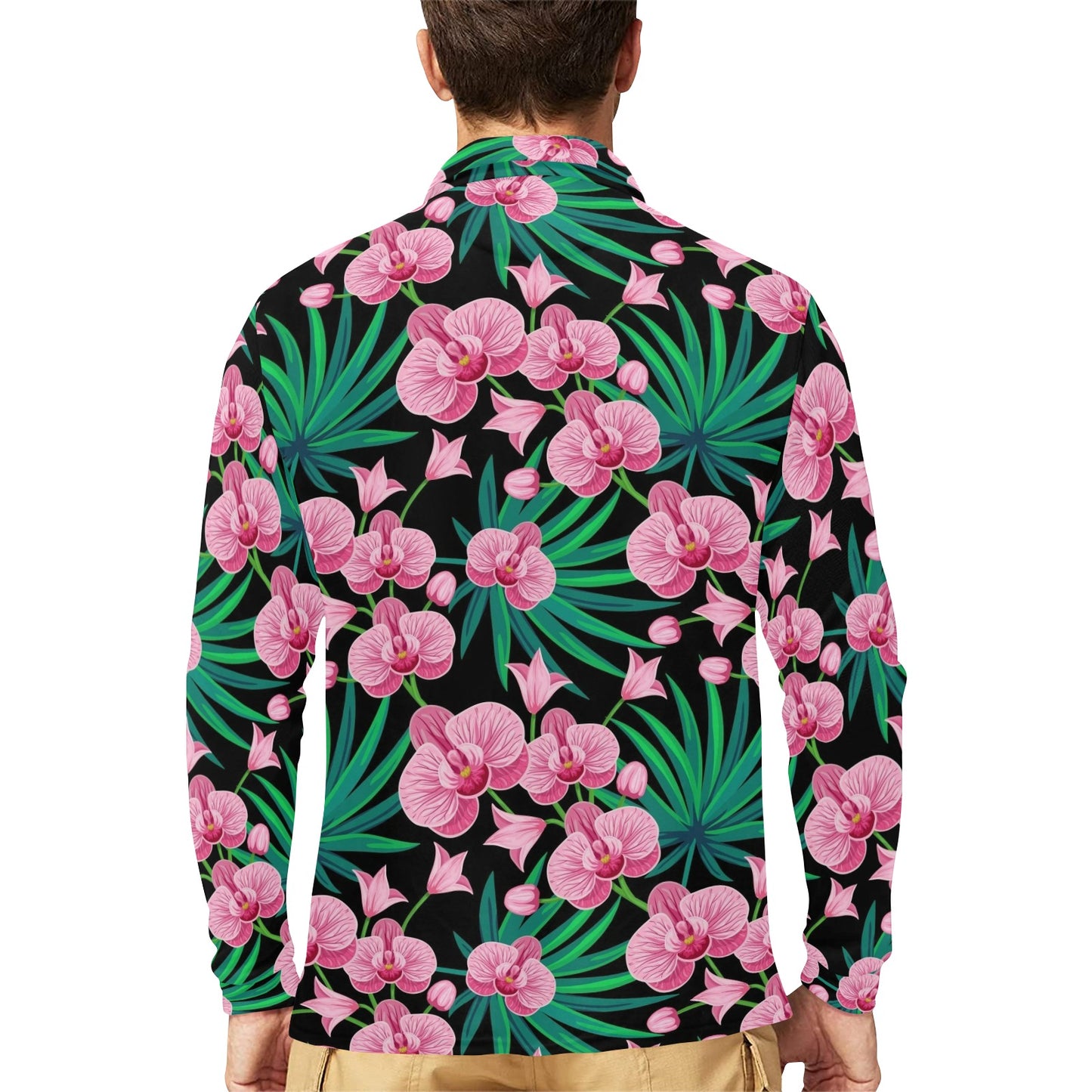 Orchid Pink Pattern Print Design OR06 Long Sleeve Polo Shirt For Men's