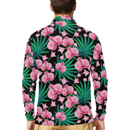 Orchid Pink Pattern Print Design OR06 Long Sleeve Polo Shirt For Men's