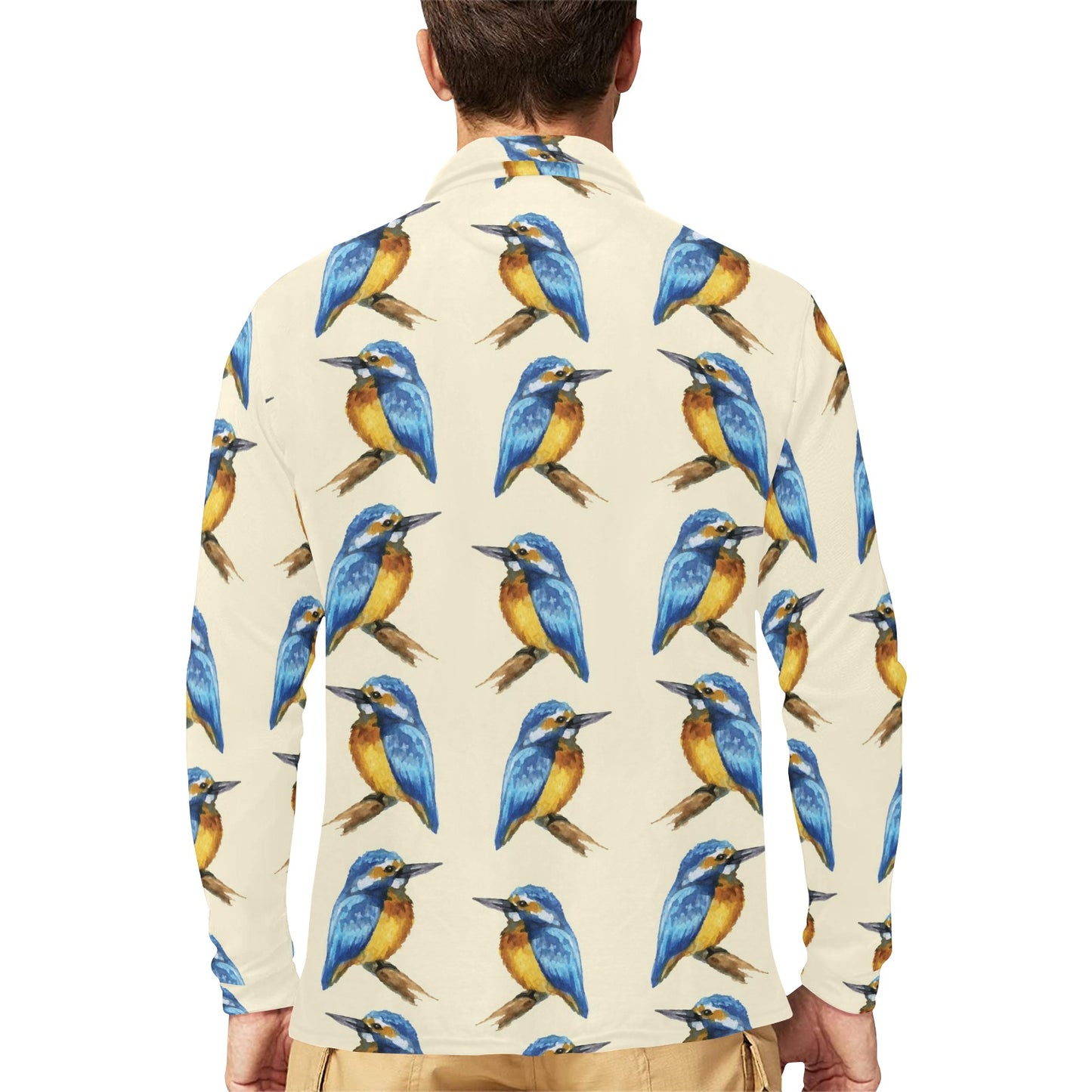 Kingfisher Pattern Print Design 01 Long Sleeve Polo Shirt For Men's