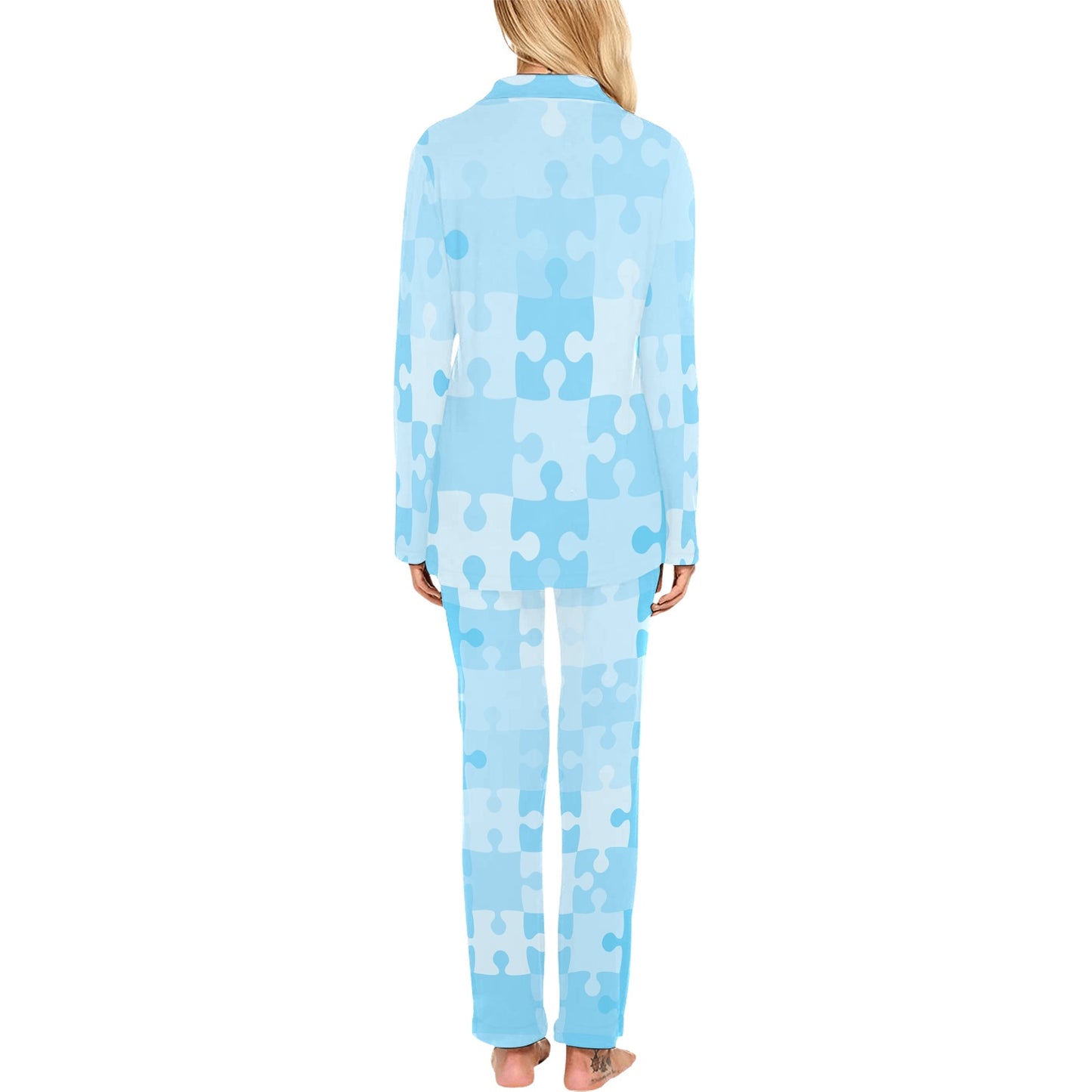 Puzzle Blue Pattern Print Design A04 Women's Long Pajama Set