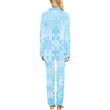 Puzzle Blue Pattern Print Design A04 Women's Long Pajama Set