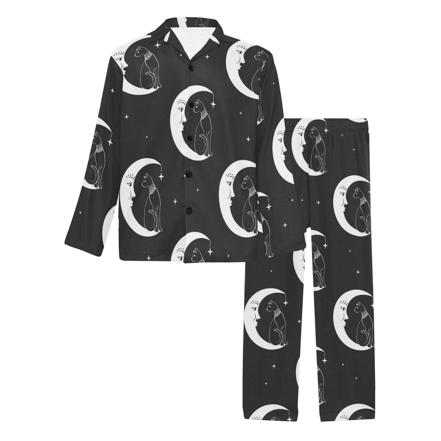Moon with Cat Pattern Print Design 04 Men's Long Pajama Set