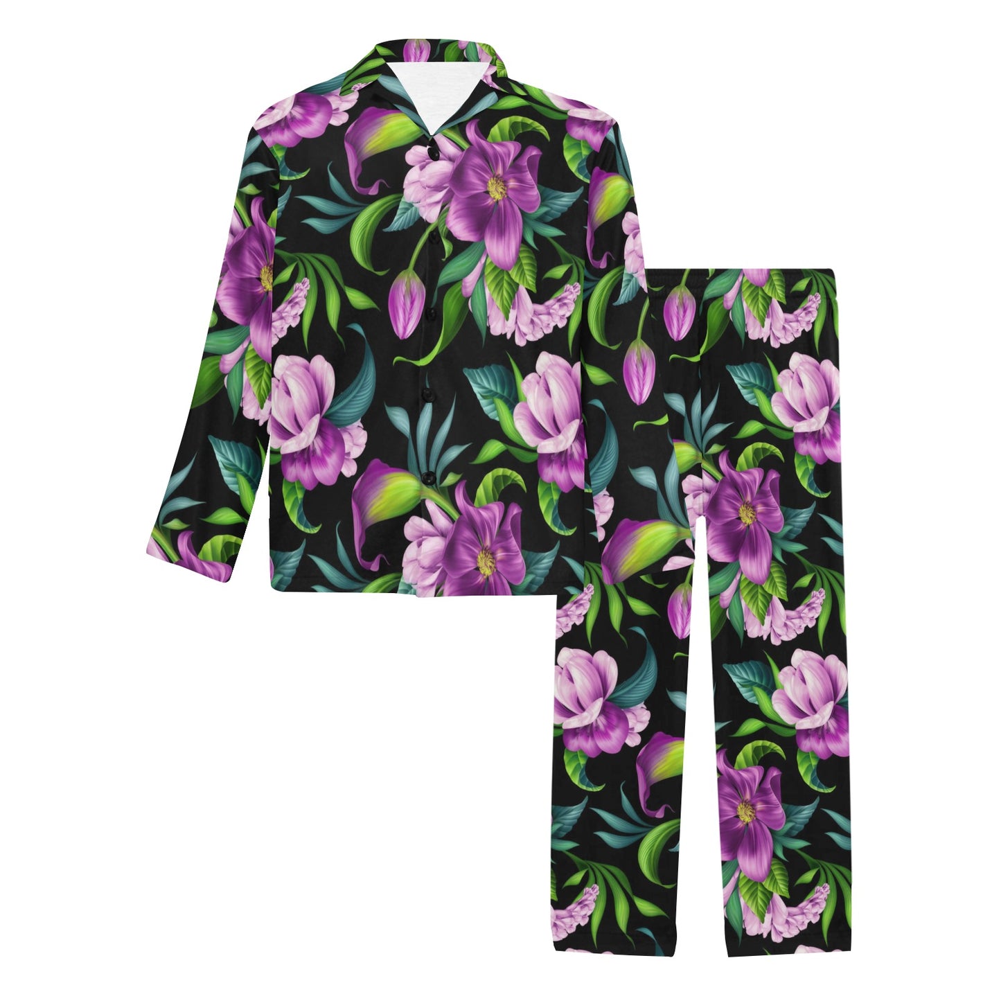 Bright Purple Floral Pattern Men's Long Pajama Set