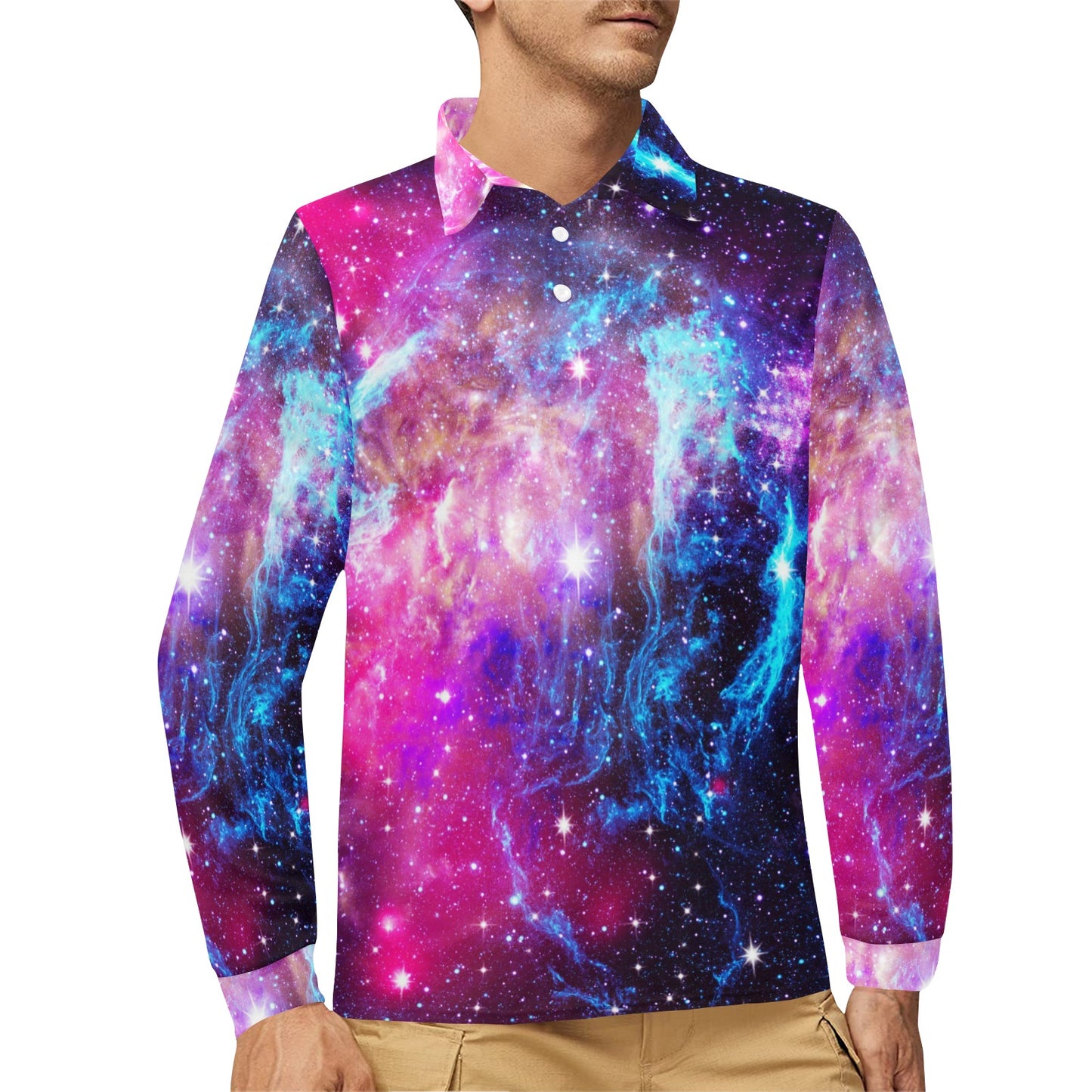 Galaxy Night Purple Space Print Long Sleeve Polo Shirt For Men's