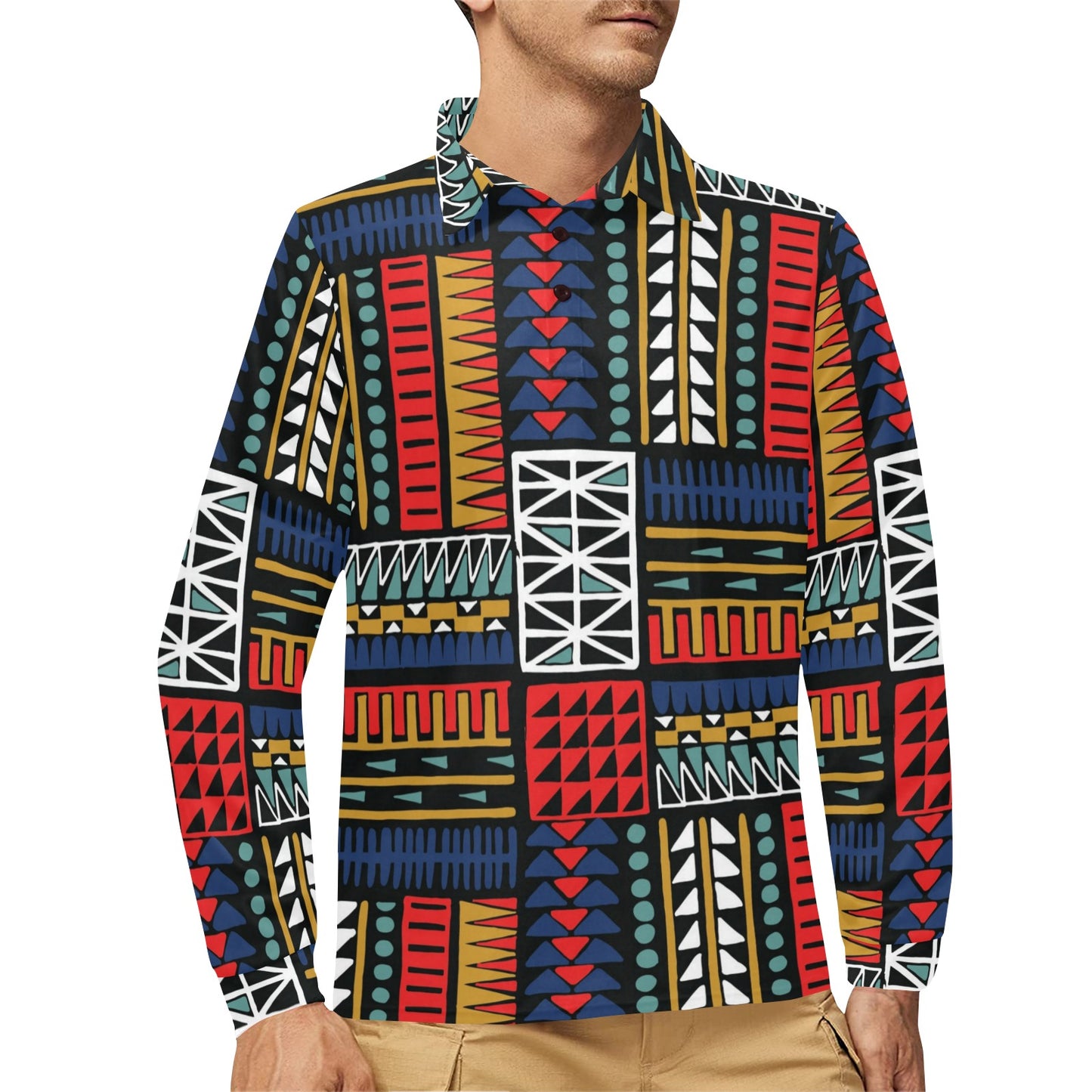 Kente Pattern Print Design 02 Long Sleeve Polo Shirt For Men's