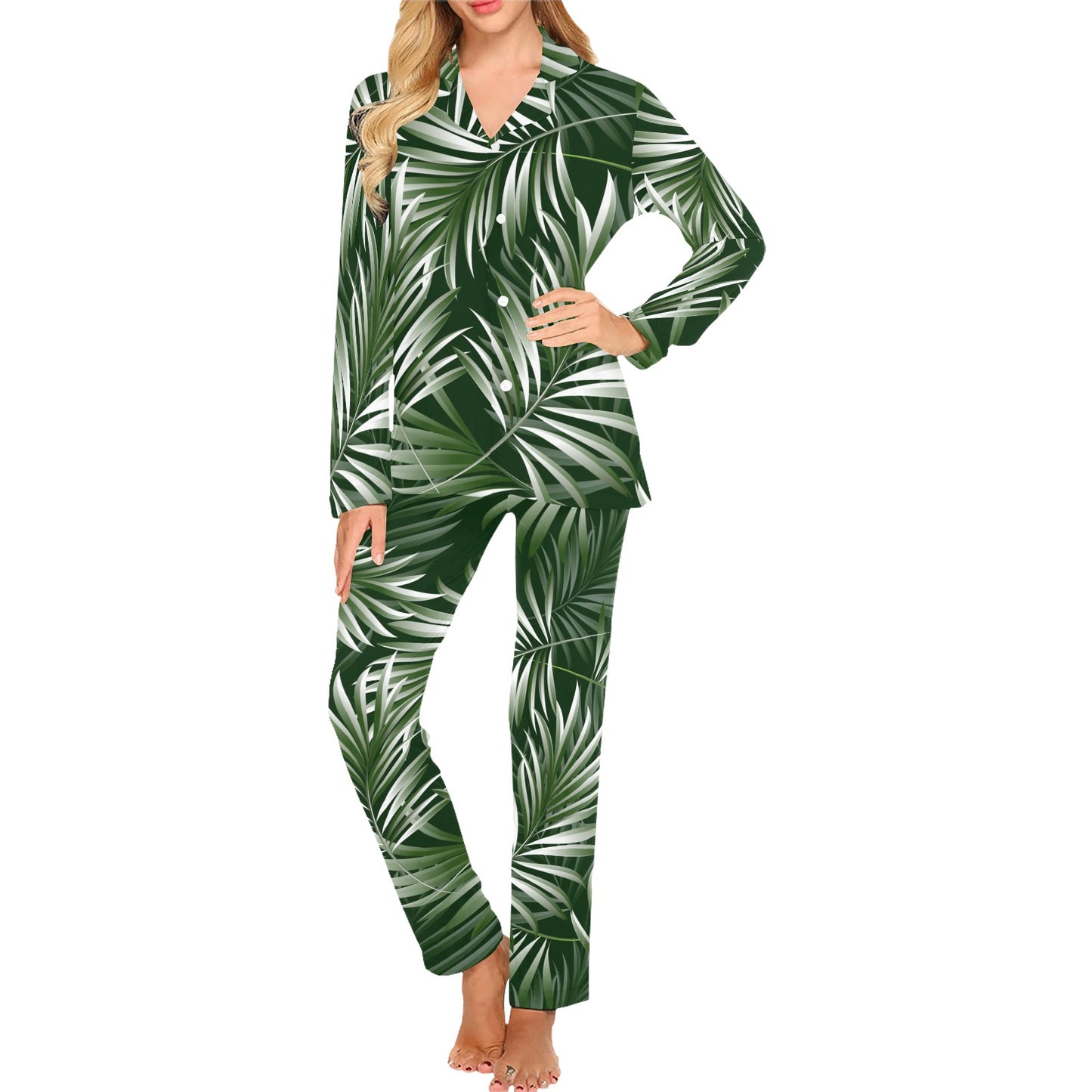 White Green Tropical Palm Leaves Women's Long Pajama Set