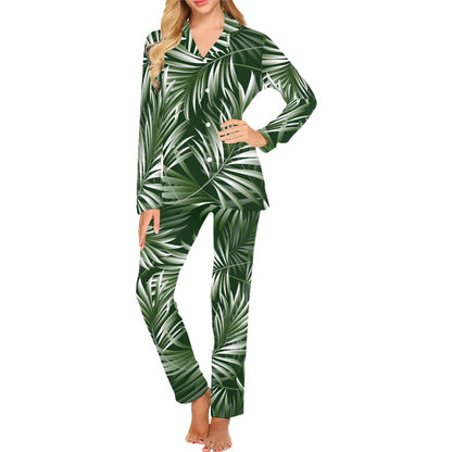 White Green Tropical Palm Leaves Women's Long Pajama Set