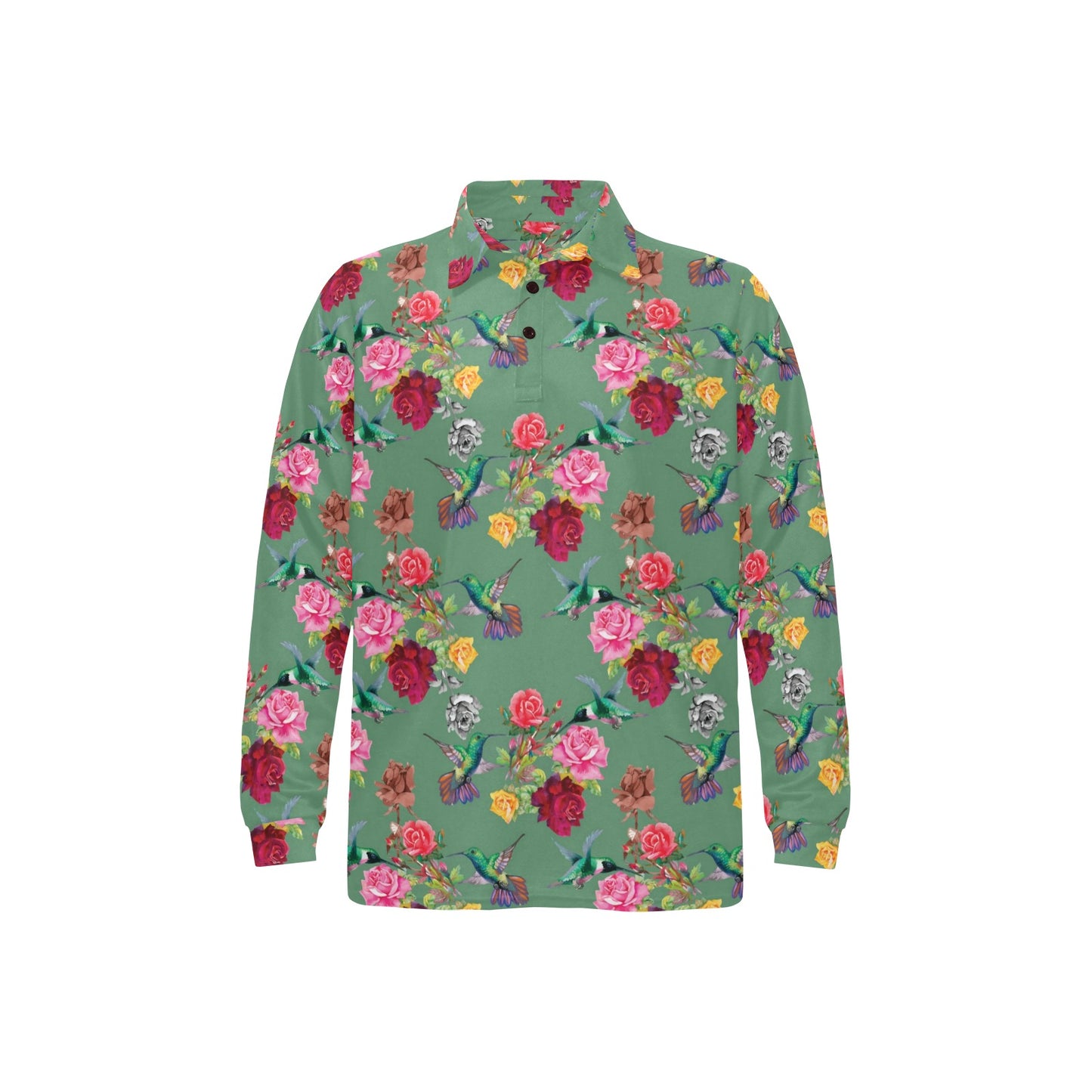 Hummingbird with Rose Themed Print Long Sleeve Polo Shirt For Men's