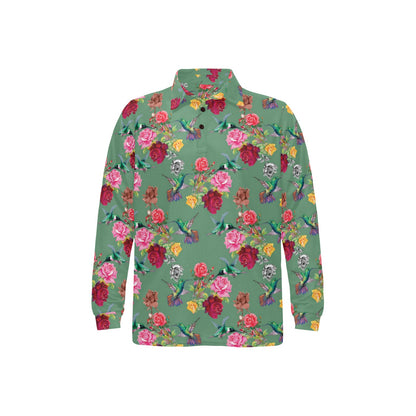 Hummingbird with Rose Themed Print Long Sleeve Polo Shirt For Men's