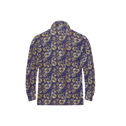 Paisley Blue Yellow Design Print Long Sleeve Polo Shirt For Men's