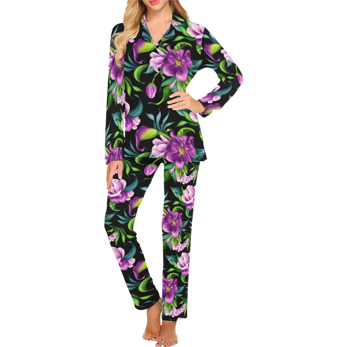 Bright Purple Floral Pattern Women's Long Pajama Set