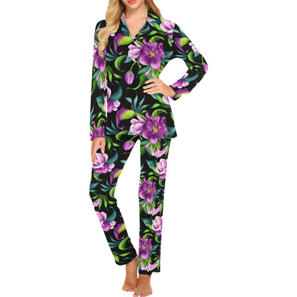 Bright Purple Floral Pattern Women's Long Pajama Set